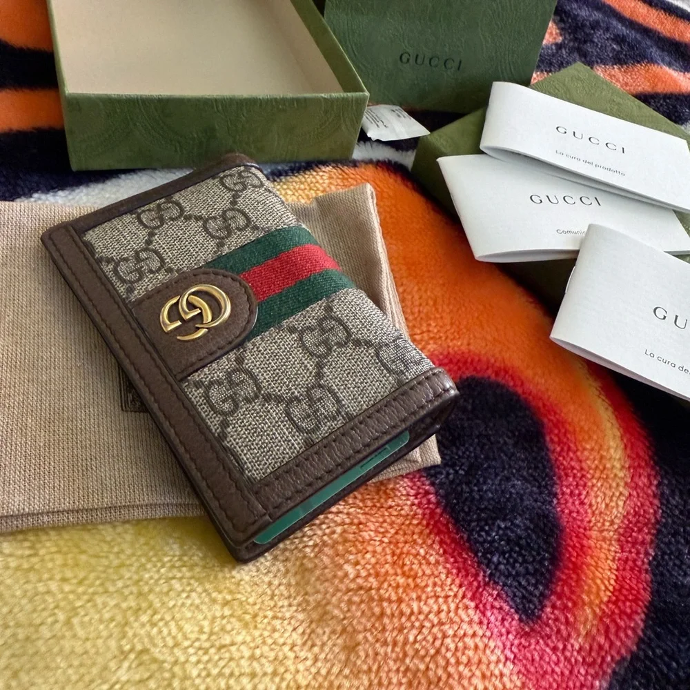 Gucci Beige and Brown Card Holder with Green-Red Stripe - Picture 12 of 14